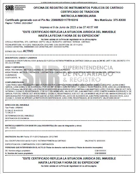Ejemplo de Certificado de Tradición y Libertad con los datos personales difuminados